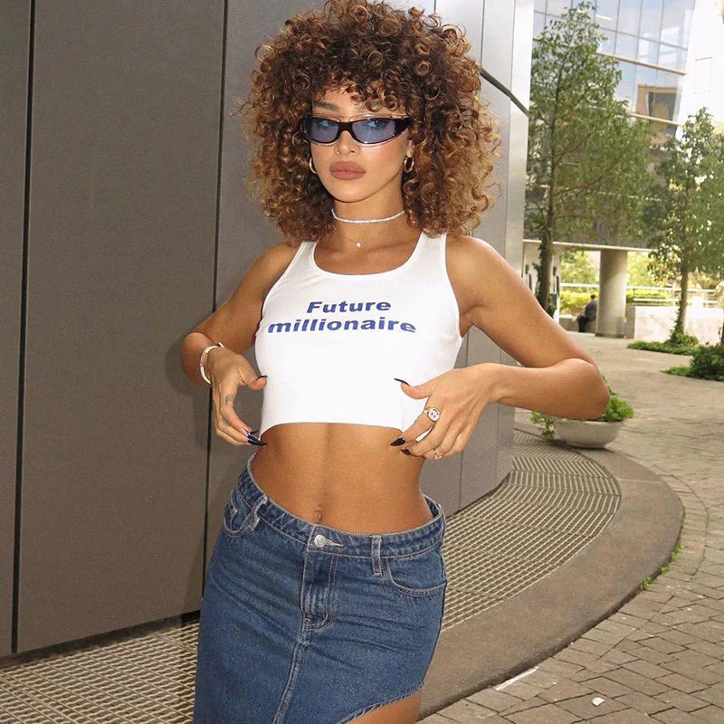LaPose Fashion - Future Millionaire Tank Top - Basic Tops, Crop Tops, Elegant Tops, Fall-Winter 23, Printed Tops, Sleeveless Tops, Tank Tops, Tops
