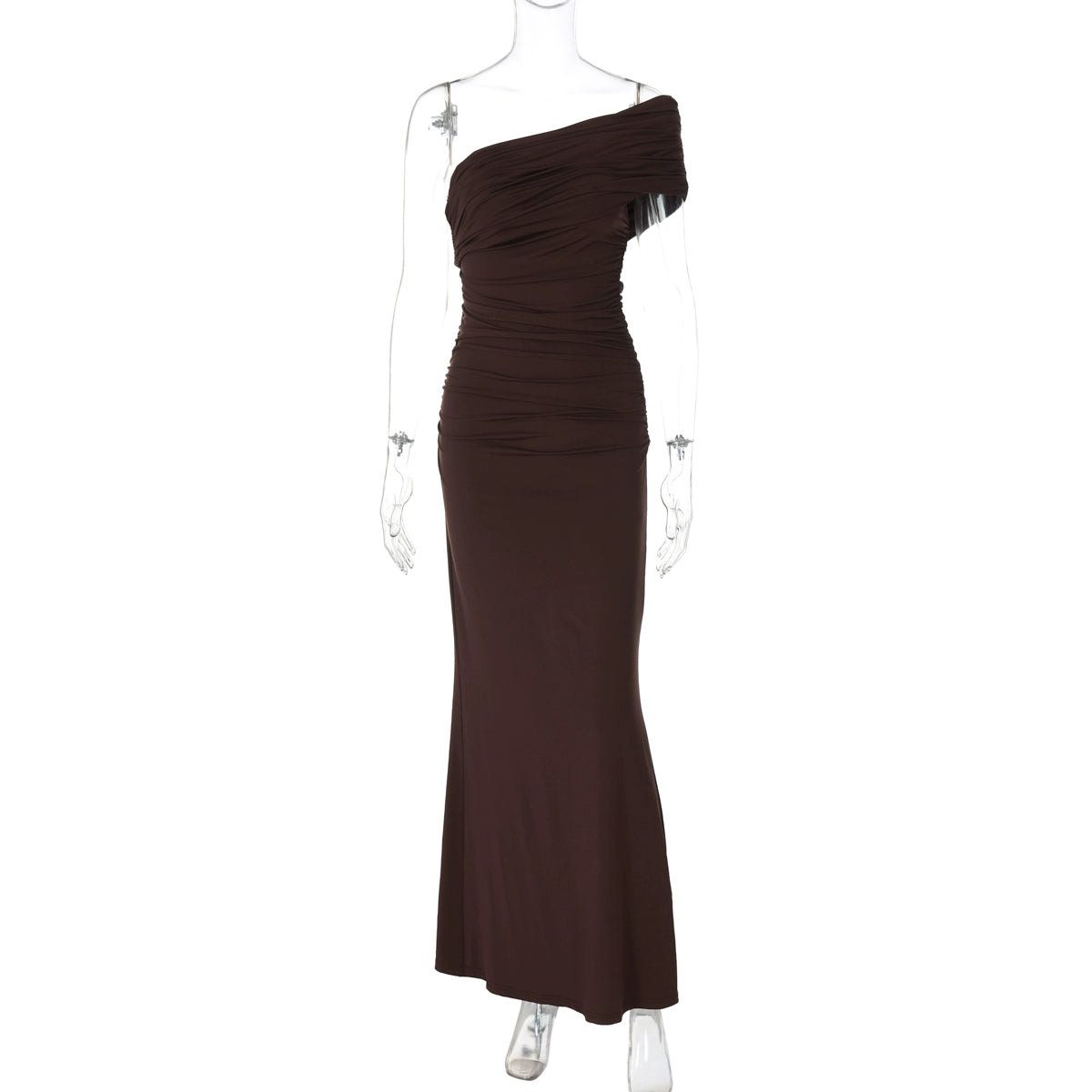 Hayat One-Shoulder Ruched Maxi Dress - Brown