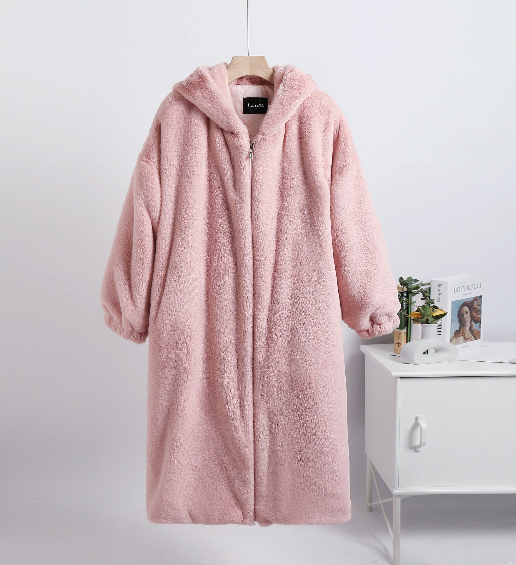 Anai Long Hooded Faux Fur Coat - Pink [8AWIC0BB]