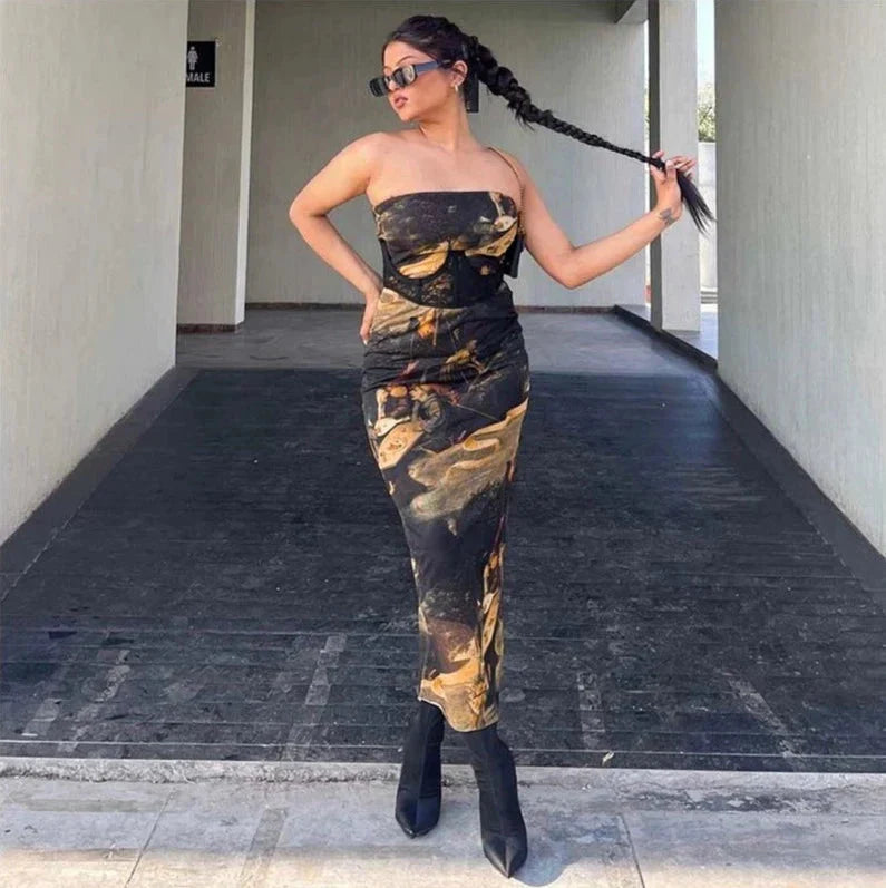LaPose Fashion - Aviona Printed Strapless Dress - Bodycon Dresses, Daytime Dresses, Dresses, Elegant Dresses, Going Out Dresses, Maxi Dresses, Printed
