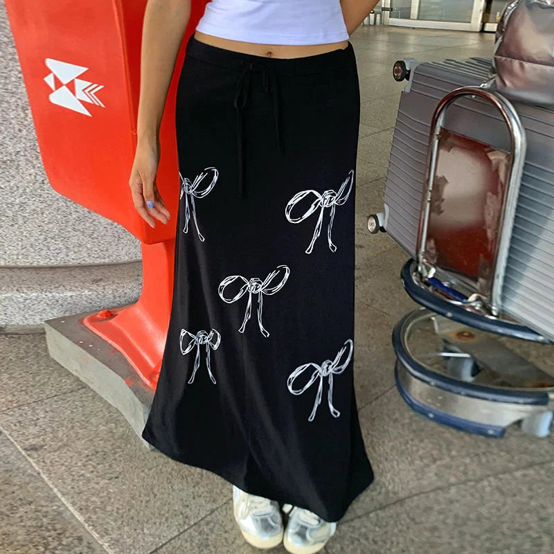 LaPose Fashion - Bow Print Maxi Skirt - A-Line Skirts, Long Skirts, Maxi Skirts, Pleated Skirt, Printed Skirts, Skirts, Vintage Skirts