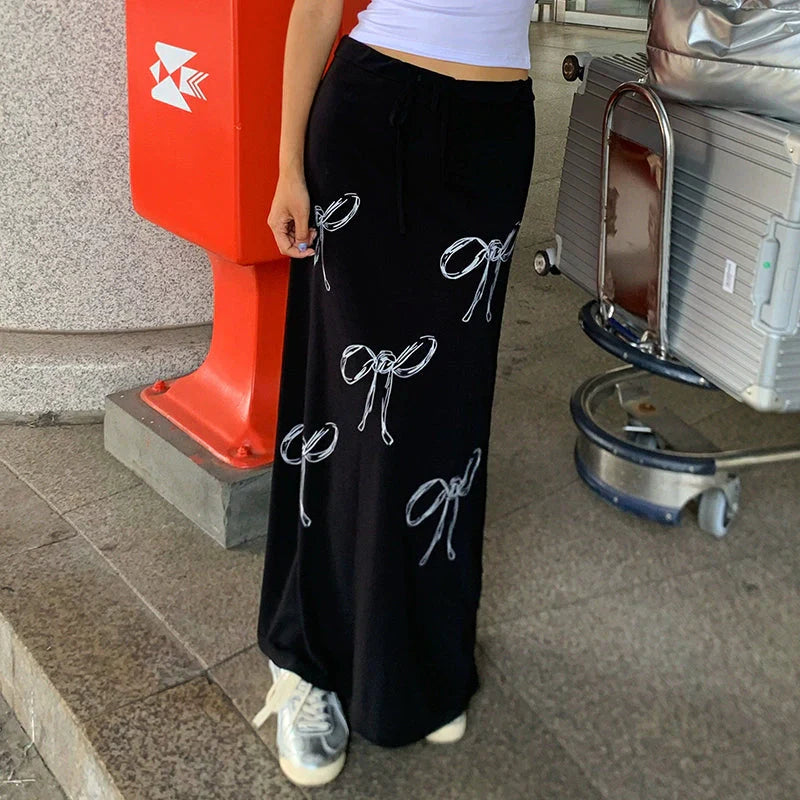 LaPose Fashion - Bow Print Maxi Skirt - A-Line Skirts, Long Skirts, Maxi Skirts, Pleated Skirt, Printed Skirts, Skirts, Vintage Skirts