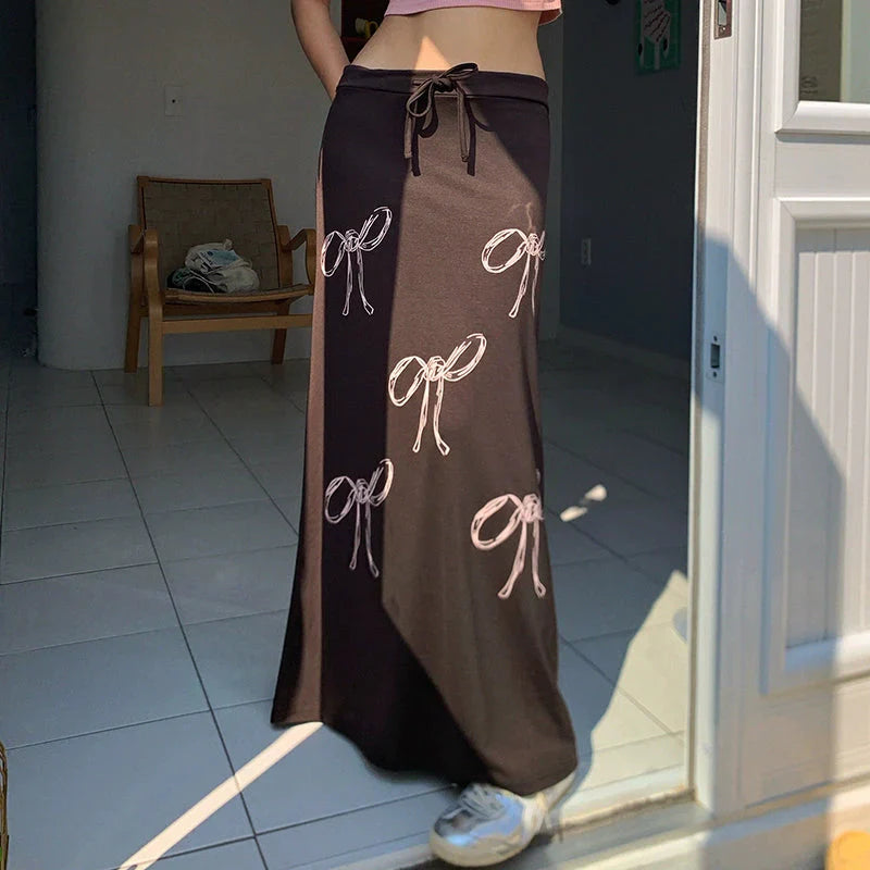 LaPose Fashion - Bow Print Maxi Skirt - A-Line Skirts, Long Skirts, Maxi Skirts, Pleated Skirt, Printed Skirts, Skirts, Vintage Skirts