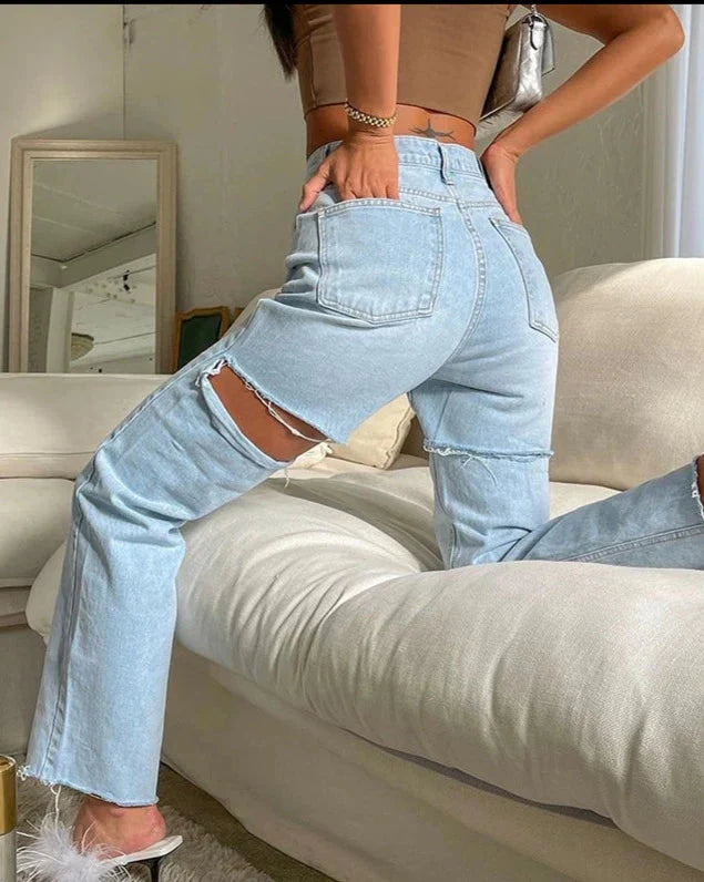 LaPose Fashion - Calla Ripped Jeans - Clean Girl, High Waist Pants, Jeans, Pants, Straight Pants