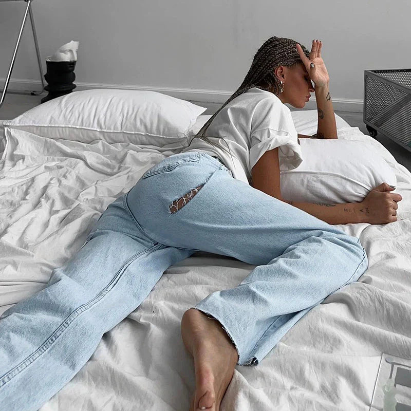 LaPose Fashion - Calla Ripped Jeans - Clean Girl, High Waist Pants, Jeans, Pants, Straight Pants