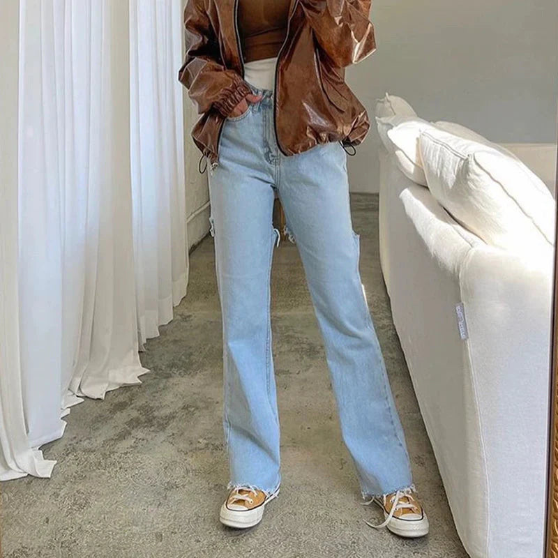 LaPose Fashion - Calla Ripped Jeans - Clean Girl, High Waist Pants, Jeans, Pants, Straight Pants