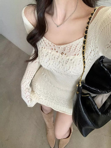 LaPose Fashion - Calynda Knitted Lace Mini Dress - Autumn Clothes, Autumn Dresses, Casual Dresses, Clean Girl, Clothing, Daytime Dresses, Dresses, Eleg