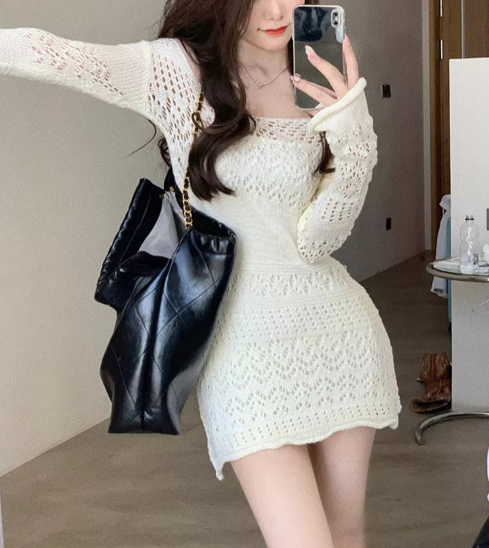 LaPose Fashion - Calynda Knitted Lace Mini Dress - Autumn Clothes, Autumn Dresses, Casual Dresses, Clean Girl, Clothing, Daytime Dresses, Dresses, Eleg