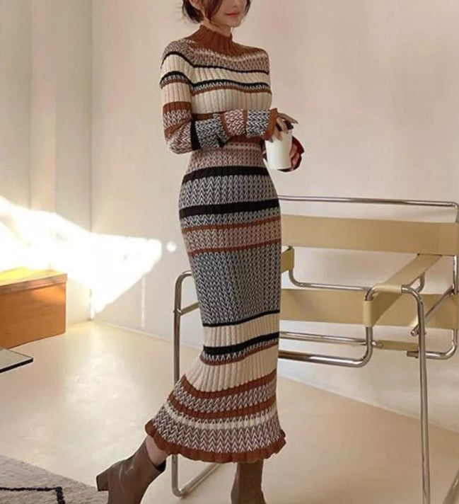 LaPose Fashion - Carabella Striped Knit Midi Dress - Autumn Clothes, Autumn Dresses, Bodycon Dresses, Casual Dresses, Clothing, Daytime Dresses, Dresses,