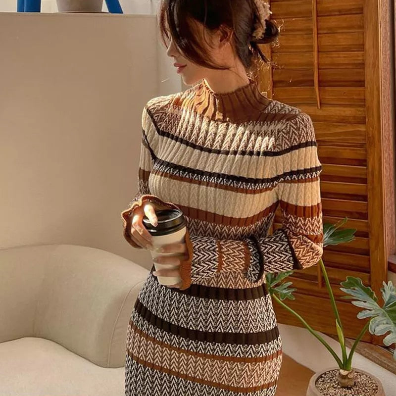 LaPose Fashion - Carabella Striped Knit Midi Dress - Autumn Clothes, Autumn Dresses, Bodycon Dresses, Casual Dresses, Clothing, Daytime Dresses, Dresses,