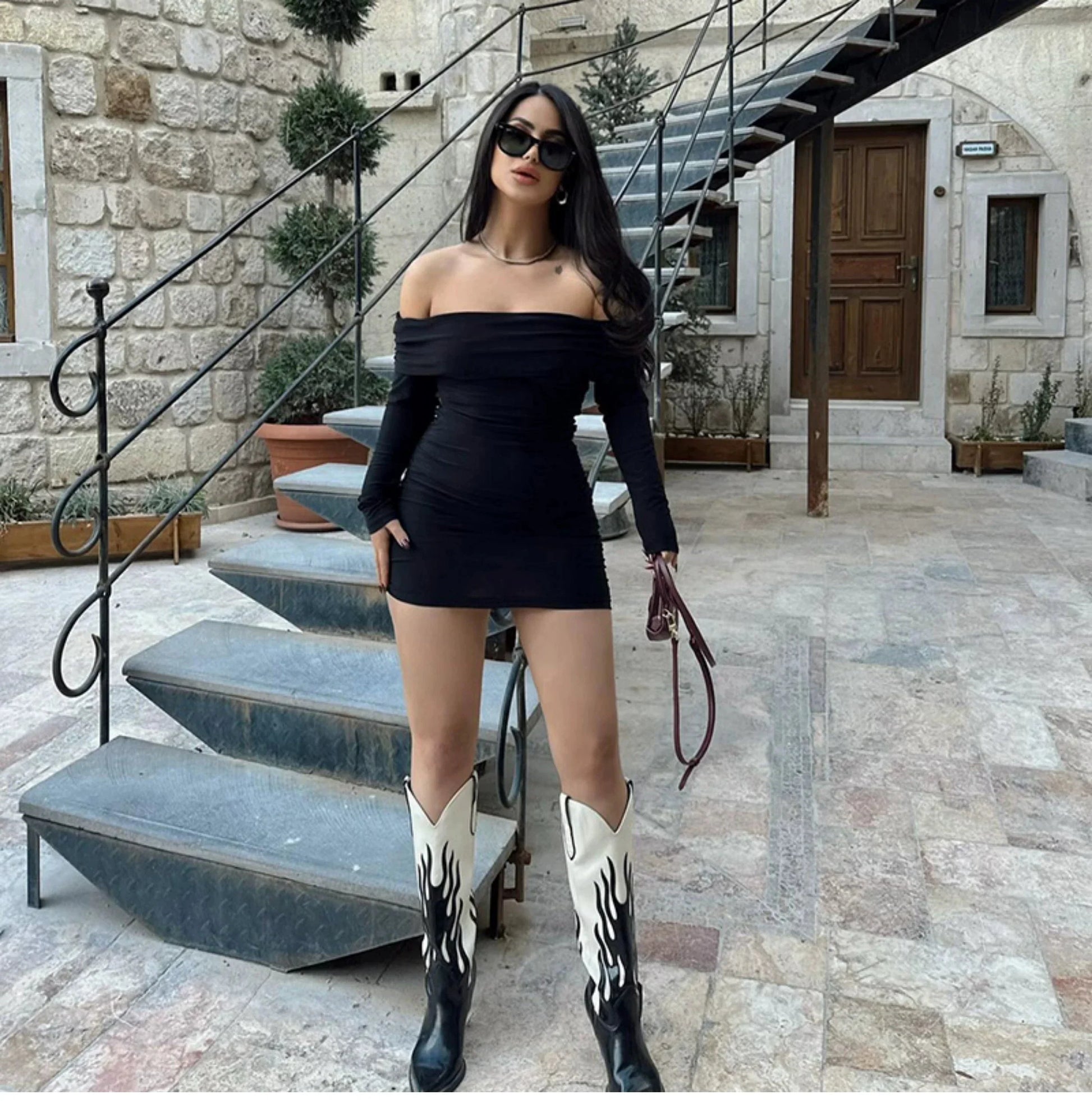 LaPose Fashion - Caris Off Shoulder Mini Dress - Autumn Dresses, Bodycon Dresses, Daytime Dresses, Dresses, Going Out Dresses, Little Black Dresses, 