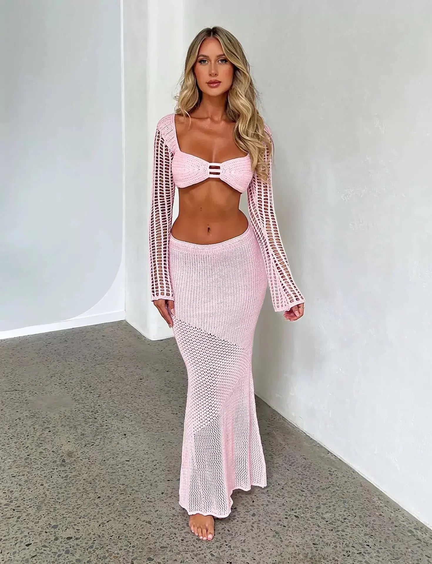 LaPose Fashion - Elani Knit Maxi Skirt Set - Crochet Sets, Knitted Sets, Matching Sets, Outfit Sets, Sets, Skirt Set, Skirts, Two Piece Sets
