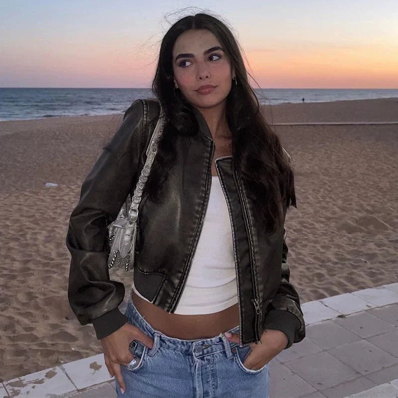 LaPose Fashion - Elsy Leather Jacket - Bomber Jacket, Coats & Jackets, Crop Jackets, Fall-Winter 23, Jackets, Leather Jackets, Puffer Jacke