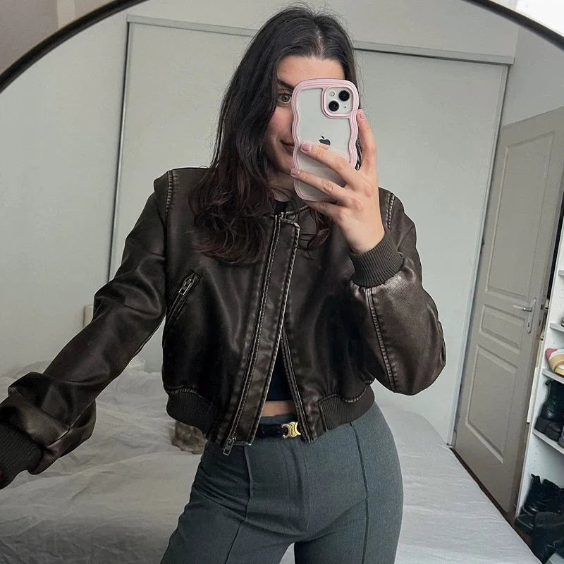 LaPose Fashion - Elsy Leather Jacket - Bomber Jacket, Coats & Jackets, Crop Jackets, Fall-Winter 23, Jackets, Leather Jackets, Puffer Jacke