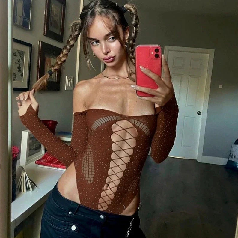 LaPose Fashion - Erza Mesh Bodysuit - Bodysuits, Long Sleeve Tops, Mesh Tops, Sexy Tops, Tops