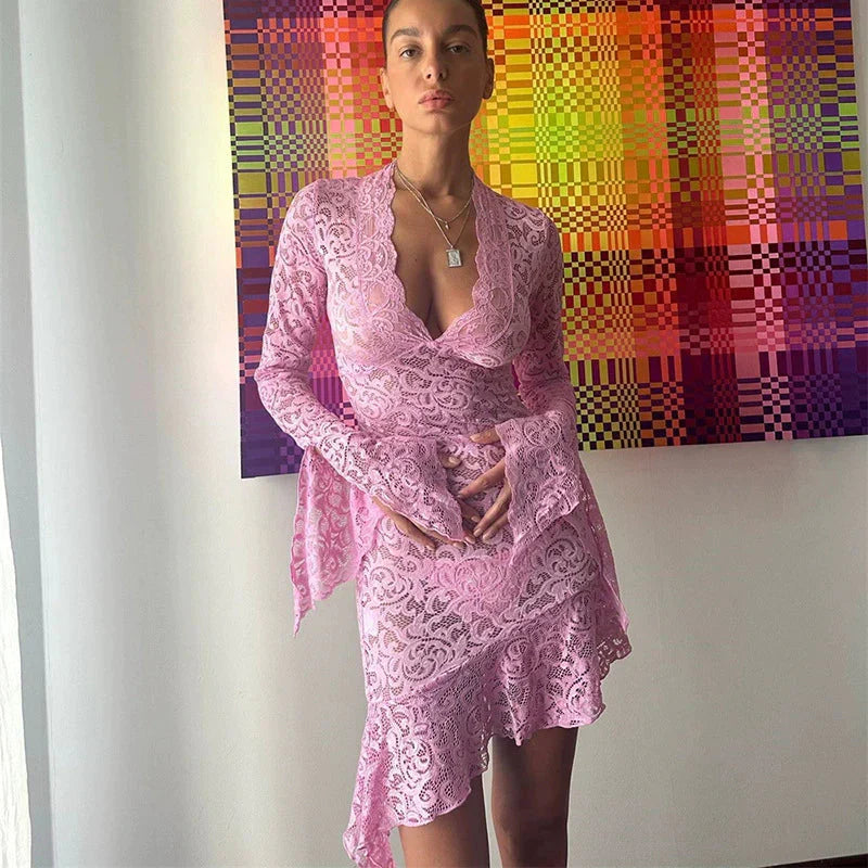LaPose Fashion - Fern Long Sleeve Lace Mini Dress - Dresses, Fairy Dresses, Lace Dresses, Long Sleeve Dresses, Mesh Dresses, Mini Dresses, Party & Cocta