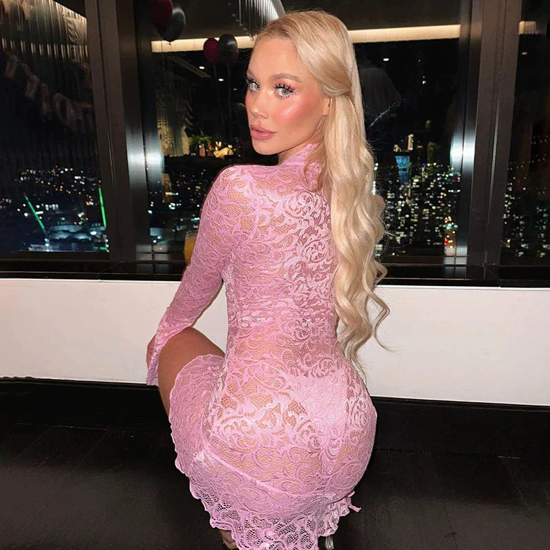 LaPose Fashion - Fern Long Sleeve Lace Mini Dress - Dresses, Fairy Dresses, Lace Dresses, Long Sleeve Dresses, Mesh Dresses, Mini Dresses, Party & Cocta