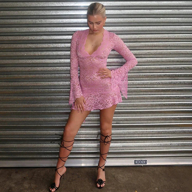 LaPose Fashion - Fern Long Sleeve Lace Mini Dress - Dresses, Fairy Dresses, Lace Dresses, Long Sleeve Dresses, Mesh Dresses, Mini Dresses, Party & Cocta