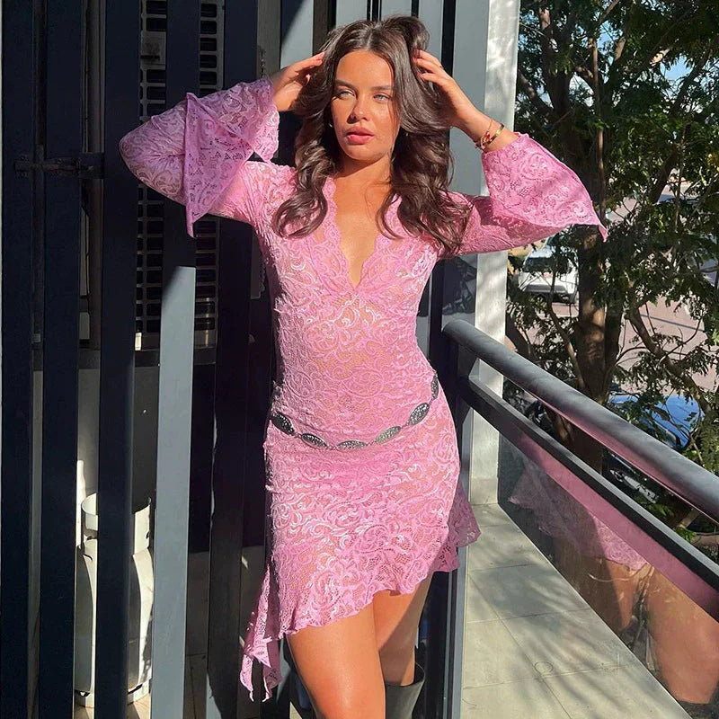 LaPose Fashion - Fern Long Sleeve Lace Mini Dress - Dresses, Fairy Dresses, Lace Dresses, Long Sleeve Dresses, Mesh Dresses, Mini Dresses, Party & Cocta