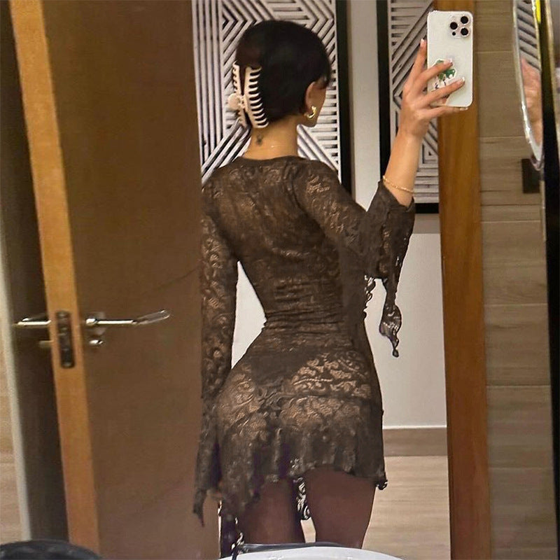 LaPose Fashion - Fern Long Sleeve Lace Mini Dress - Dresses, Fairy Dresses, Lace Dresses, Long Sleeve Dresses, Mesh Dresses, Mini Dresses, Party & Cocta