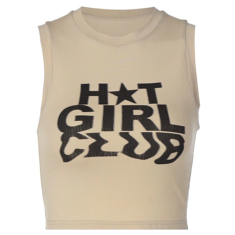 LaPose Fashion - Hot Girl Club Print Top - Basic Tops, Crop Tops, Fall-Winter 23, Letter Print Tops, Sleeveless Tops, Tank Tops, Tops