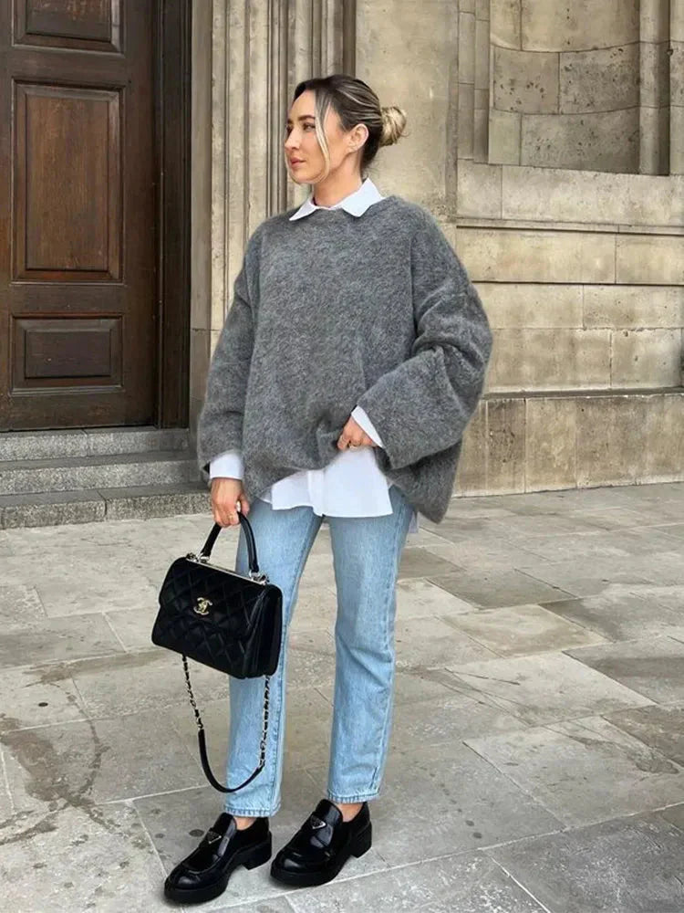 LaPose Fashion - Jaiya Knit Loose Sweater - Fall-Winter 23, Knitted Tops, Long Sleeve Tops, Loose Sweatshirts, Oversize Sweaters, Oversize Tops,