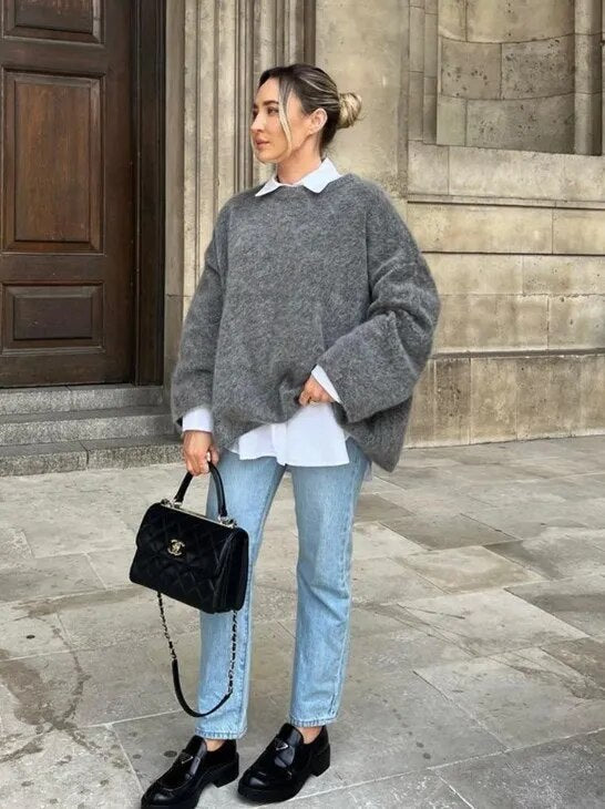 LaPose Fashion - Jaiya Knit Loose Sweater - Fall-Winter 23, Knitted Tops, Long Sleeve Tops, Loose Sweatshirts, Oversize Sweaters, Oversize Tops,