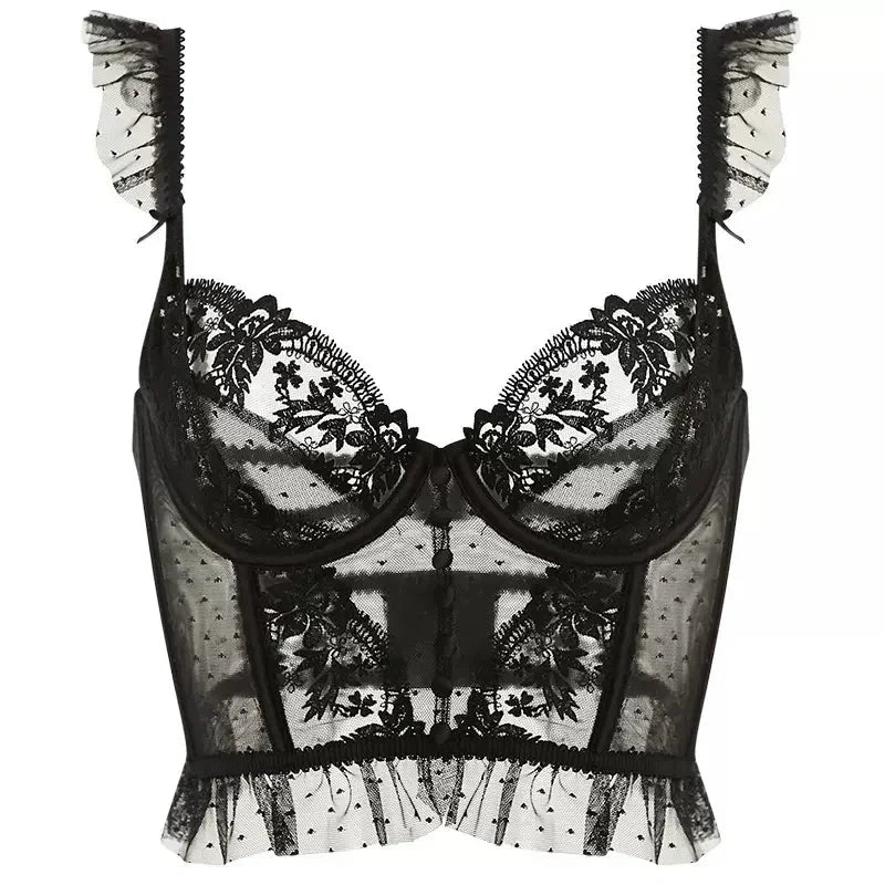 LaPose Fashion - Kamela Ruffle Detail Lace Corset Top - Bralets, Bustiers, Clothing, Corset Tops, Tops