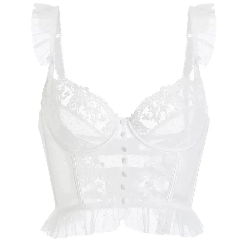 LaPose Fashion - Kamela Ruffle Detail Lace Corset Top - Bralets, Bustiers, Clothing, Corset Tops, Tops