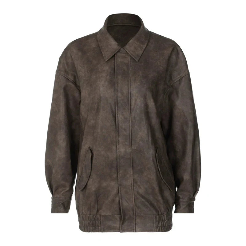 LaPose Fashion - Kiya Vintage Leather Jacket - Coats & Jackets, Fall-Winter 23, Jackets, Leather Jackets, Oversize Jacket, Tops, Winter Edit