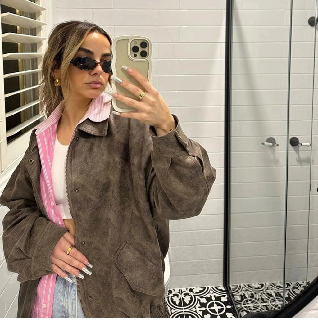 LaPose Fashion - Kiya Vintage Leather Jacket - Coats & Jackets, Fall-Winter 23, Jackets, Leather Jackets, Oversize Jacket, Tops, Winter Edit