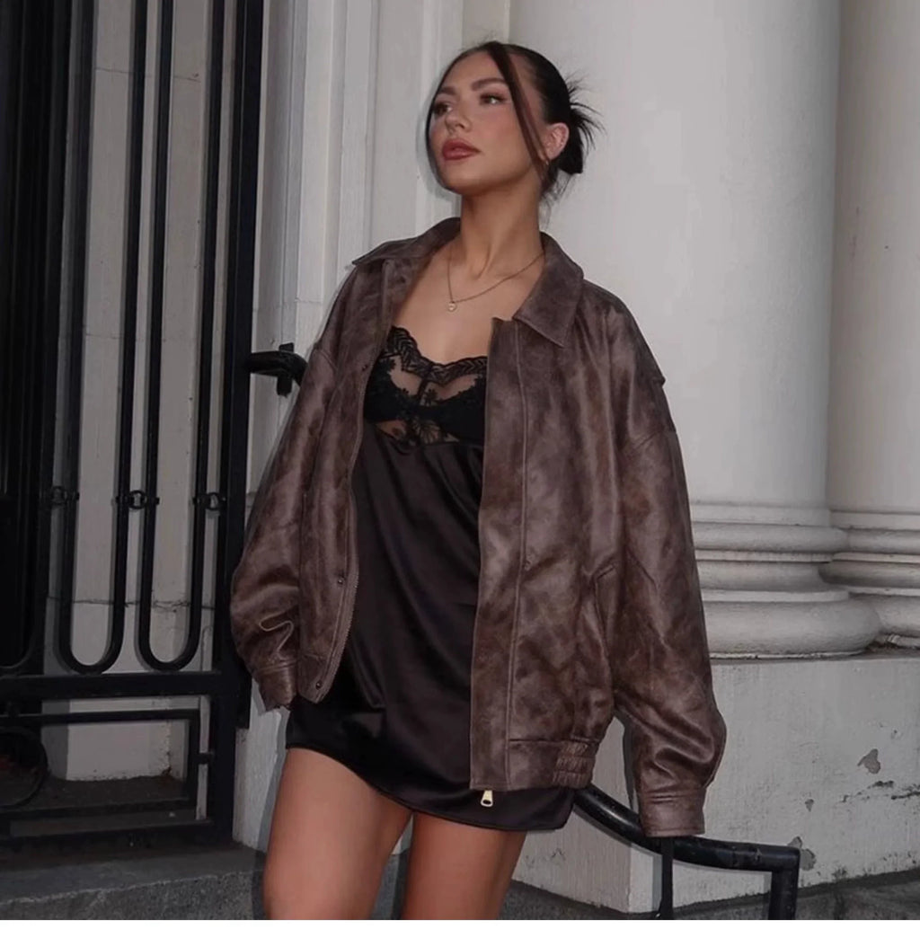LaPose Fashion - Kiya Vintage Leather Jacket - Coats & Jackets, Fall-Winter 23, Jackets, Leather Jackets, Oversize Jacket, Tops, Winter Edit