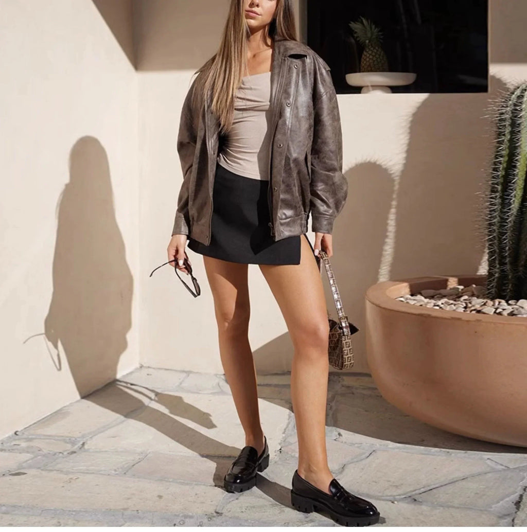 LaPose Fashion - Kiya Vintage Leather Jacket - Coats & Jackets, Fall-Winter 23, Jackets, Leather Jackets, Oversize Jacket, Tops, Winter Edit