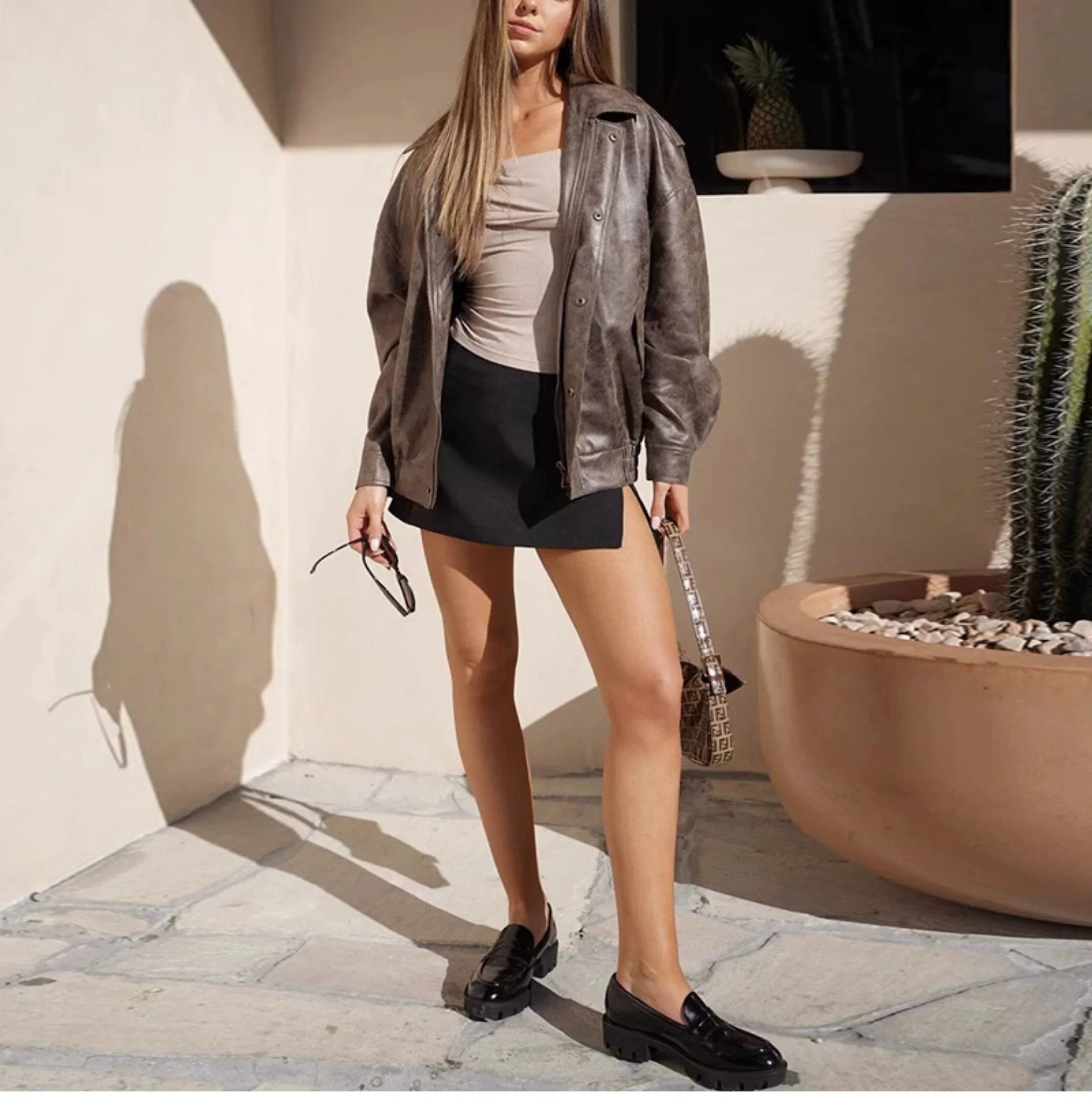 LaPose Fashion - Kiya Vintage Leather Jacket - Coats & Jackets, Fall-Winter 23, Jackets, Leather Jackets, Oversize Jacket, Tops, Winter Edit