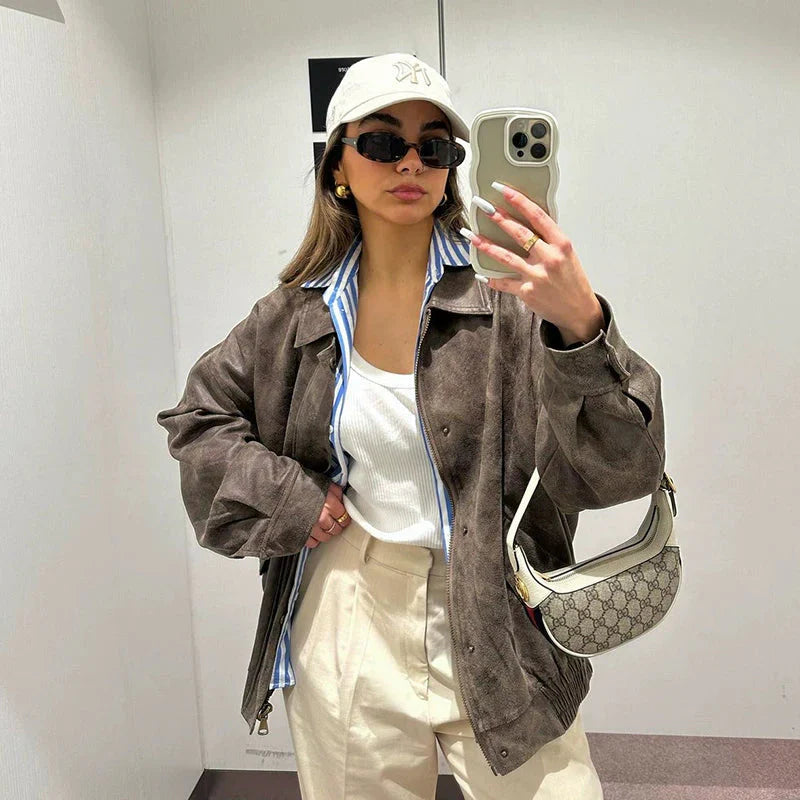 LaPose Fashion - Kiya Vintage Leather Jacket - Coats & Jackets, Fall-Winter 23, Jackets, Leather Jackets, Oversize Jacket, Tops, Winter Edit