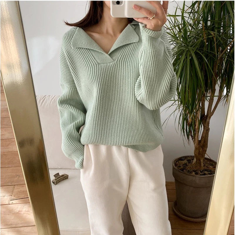 LaPose Fashion - Mea Knitted Sweater - Clean Girl, Clothing, Knitted Tops, Long Sleeve Tops, Loose Sweaters, Sweaters, Tops, Tops/Sweatshir