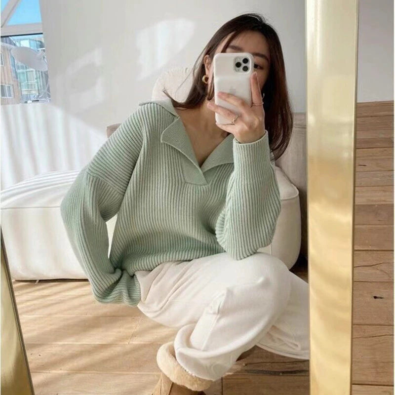 LaPose Fashion - Mea Knitted Sweater - Clean Girl, Clothing, Knitted Tops, Long Sleeve Tops, Loose Sweaters, Sweaters, Tops, Tops/Sweatshir