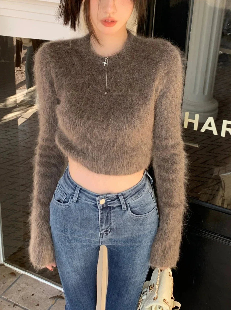 LaPose Fashion - Natalee Plush Crop Sweater - Crop Sweaters, Crop Tops, Fall Clothes, Knitted Tops, Long Sleeve Tops, Sweaters, Tops, Warm Tops