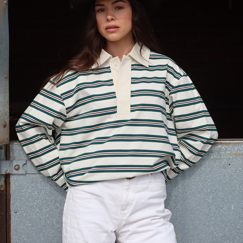 Bella Striped Polo Long-Sleeve Top - 重量M：230G [WEHRN9AV]