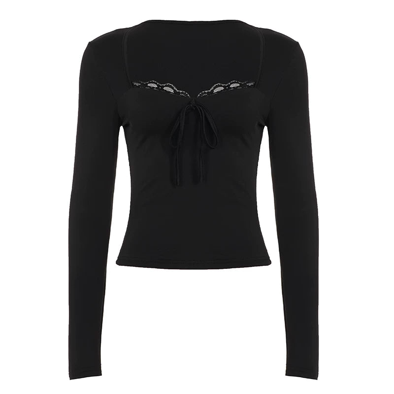LaPose - Diem Lace Trim Square Neck Top - Black Color