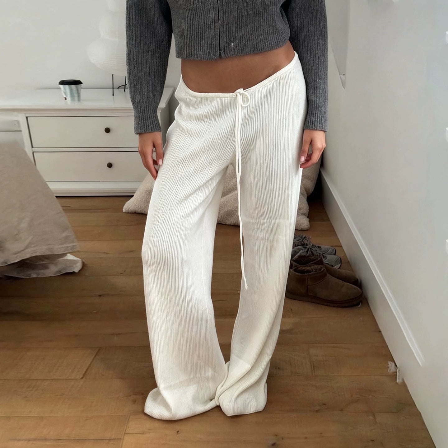 Cana Drawstring Knit Wide-Leg Pants - White [LFNIQEFA]