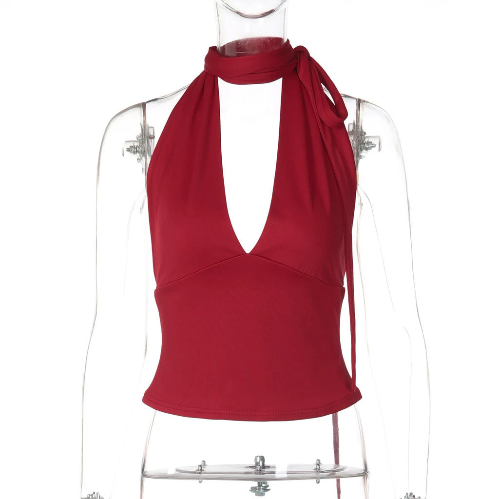 Deep V Backless Halter Top - Red [NQEC0F9V]
