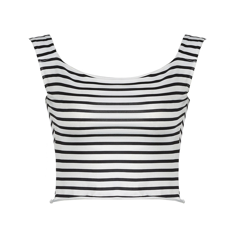 Emberlee Striped Square Neck Crop Top - Black and White [DEYOT27S]