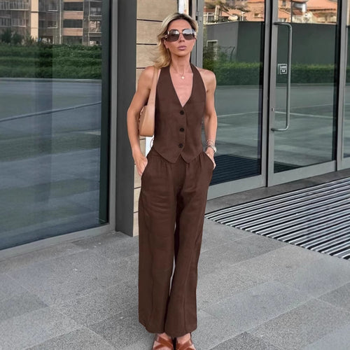 Kaela Brown Vest Pant Set - Brown [WLDP644Y]