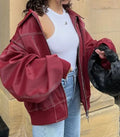 Koa Lapel Faux Leather Jacket - Lapel Zip Long Sleeve Jacket - Red [EQFNY40A]