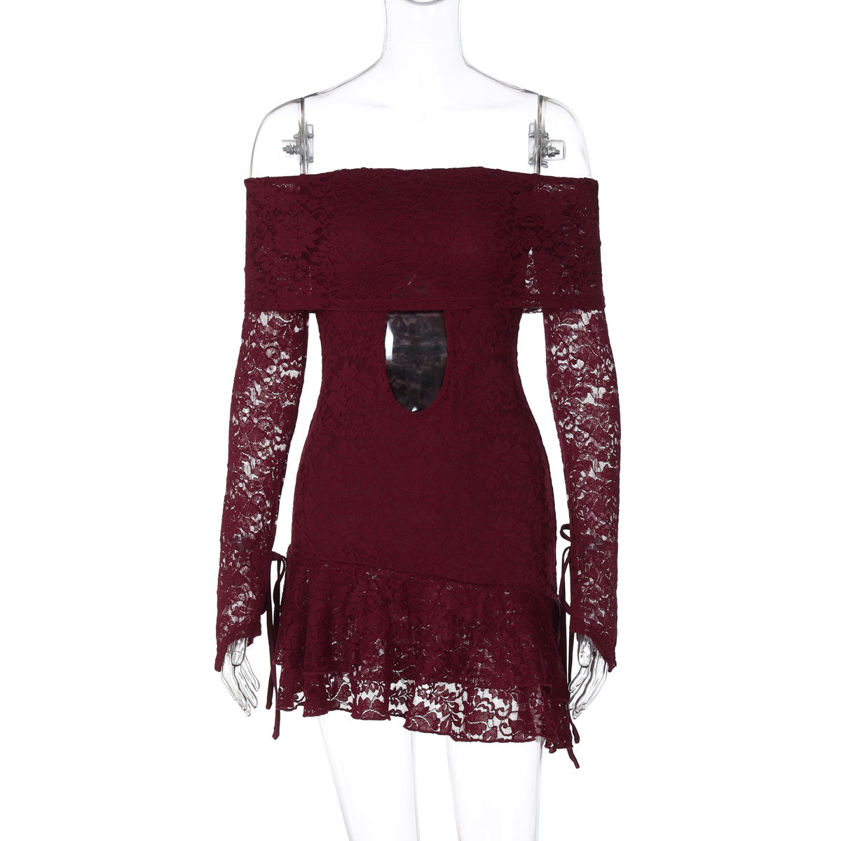 Varnika Off Shoulder Lace Mini Dress - Wine Red [WOR1WU7W]
