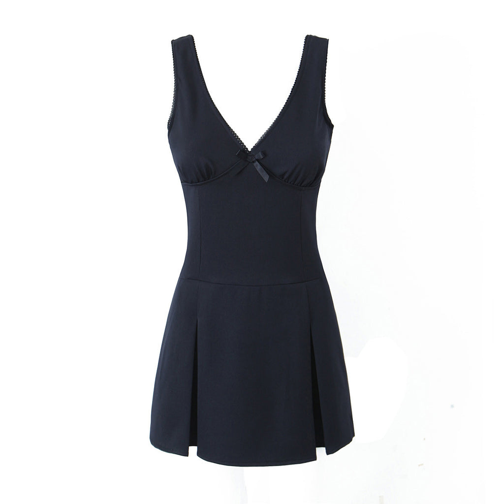 Kaliah Deep V-Neck Bow Mini Dress - Navy Blue [1S85VKY7]