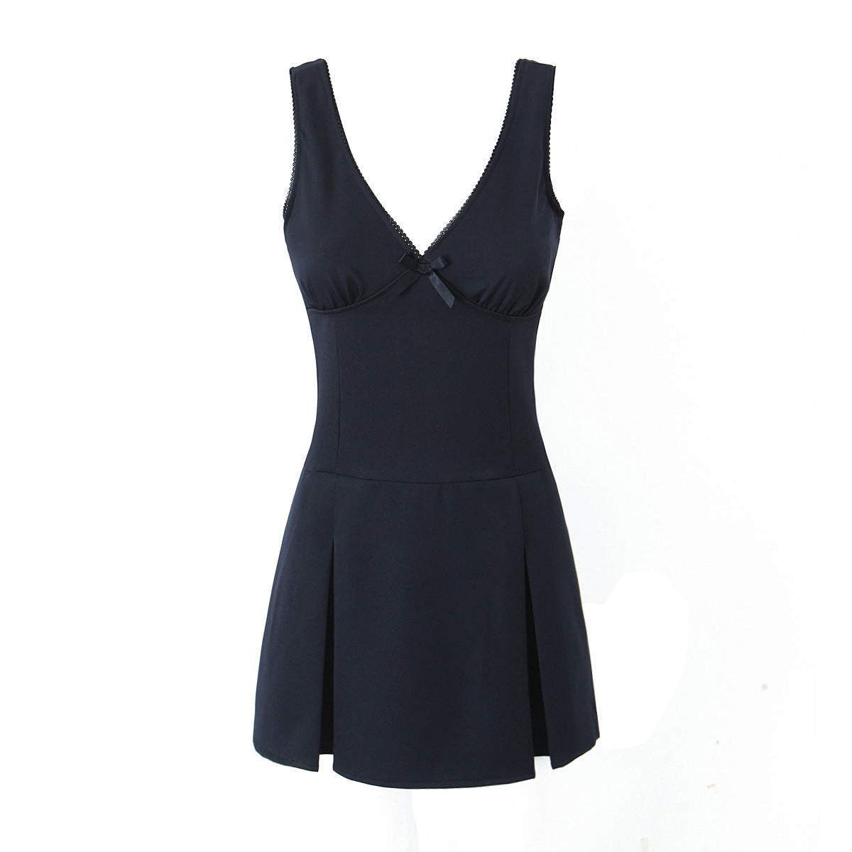 Kaliah Deep V-Neck Bow Mini Dress - Navy Blue [1S85VKY7]