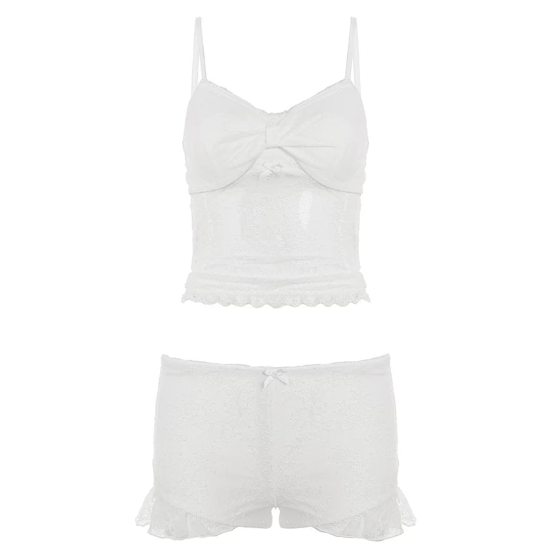 Lace Trim Cami and Shorts Set - White [KO1BYBAX]