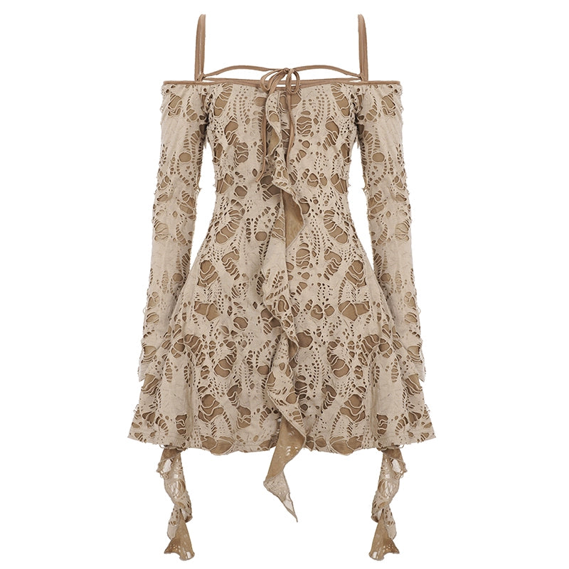Malayshia Distressed Off-Shoulder Mini Dress - Khaki [KXF8HXCM]